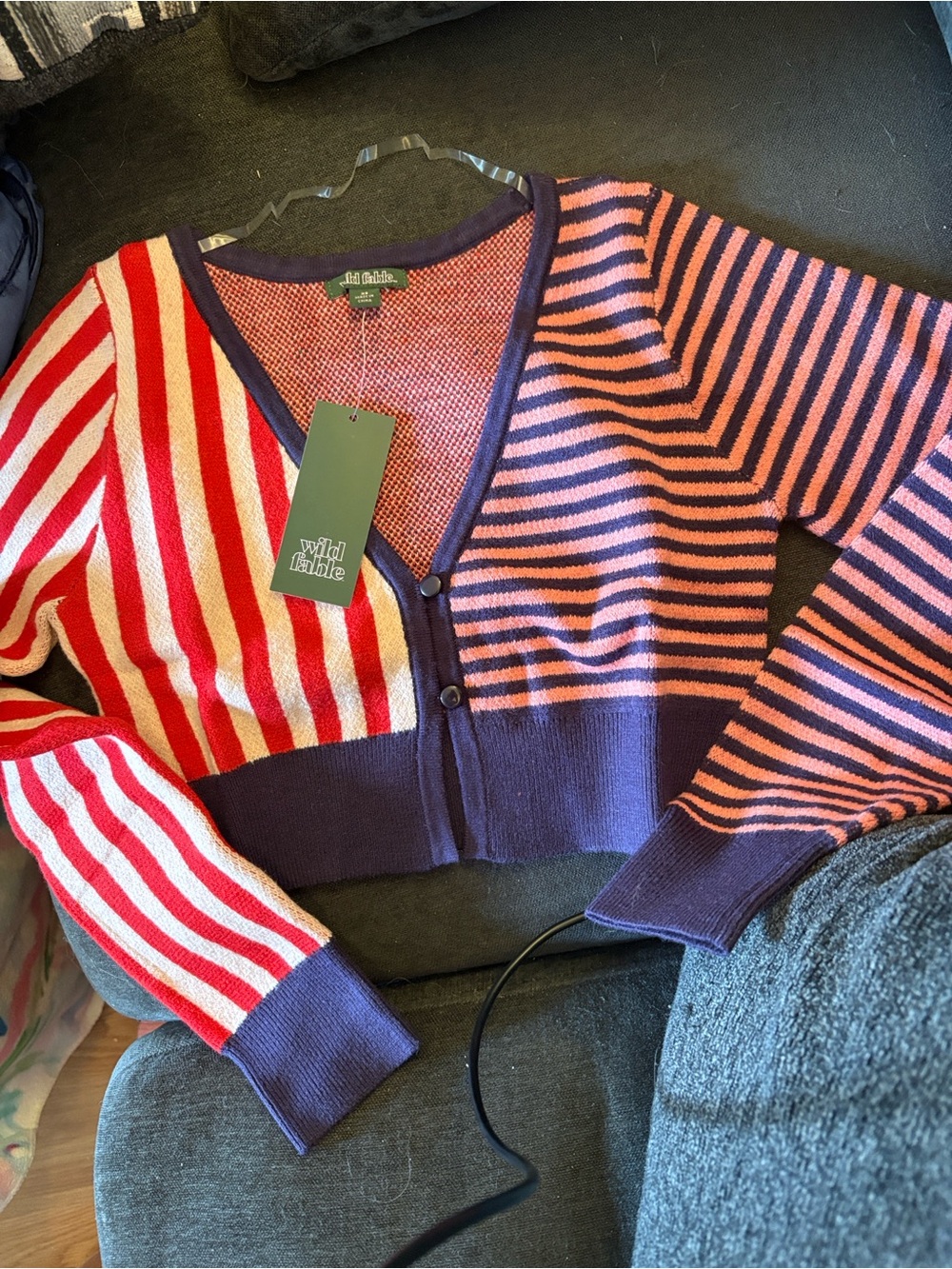wild fable Striped Colorblock V-Neck Cardigan — Red, Pink & Purple Trim